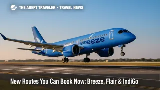 Airbus A220 in Breeze Airways livery climbing from Orlando runway, illustrating new routes you can book now.