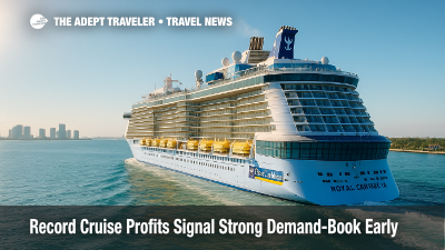 Royal Caribbean ship gliding out of Miami harbor illustrates high cruise demand and importance of early booking.