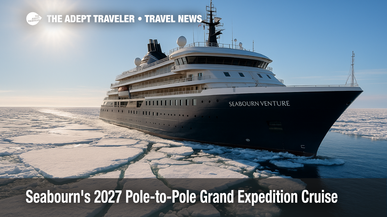 Seabourn Venture sails through Arctic ice under clear skies promoting Seabourn Pole-to-Pole cruise.