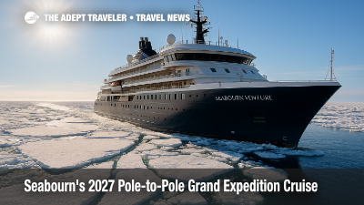 Seabourn Venture sails through Arctic ice under clear skies promoting Seabourn Pole-to-Pole cruise.