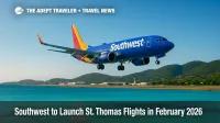 A Southwest 737 approaches St. Thomas over turquoise Caribbean waters, highlighting new Southwest St. Thomas flights.