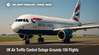 British Airways jet waits on Heathrow taxiway amid UK air traffic control outage, illustrating flight cancellations and traveler rights.