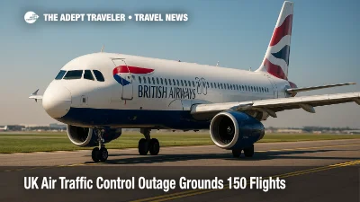 British Airways jet waits on Heathrow taxiway amid UK air traffic control outage, illustrating flight cancellations and traveler rights.