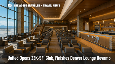 Interior view of United Club Denver lounge featuring warm wood accents and 600 seats after extensive renovation.