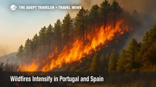 Wildfires intensify as flames sweep northern Portugal pine forests under a smoky summer sky.