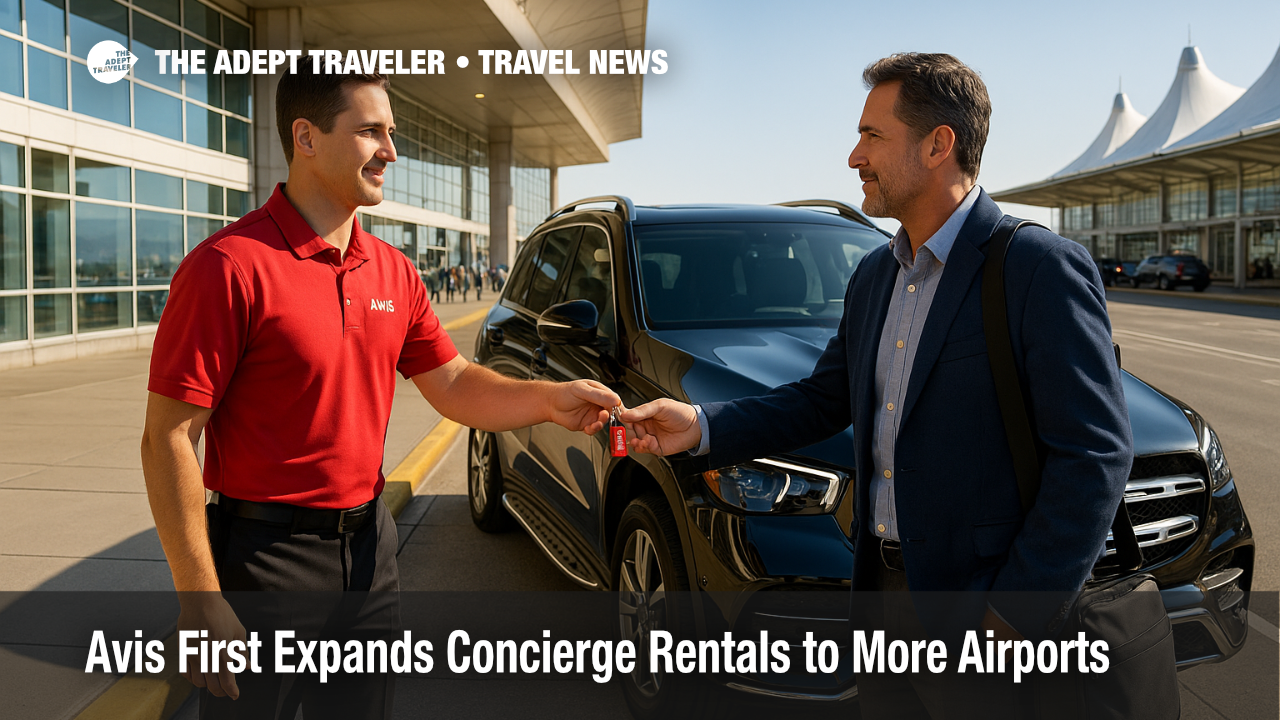A concierge in Avis First uniform hands keys to a traveler beside a luxury SUV at Denver International Airport curb, illustrating the curb-side concierge car-rental service expansion.