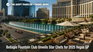 Trackside rooftop lounge at Bellagio Fountain Club with Formula 1 cars racing below during the Las Vegas Grand Prix, highlighting celebrity chefs.