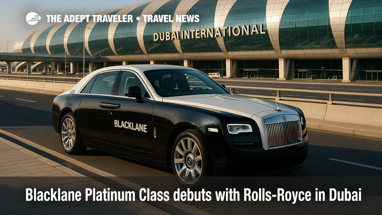 A Blacklane Platinum Class Rolls-Royce Ghost waits curbside at Dubai International Airport, showcasing the new luxury chauffeur service.