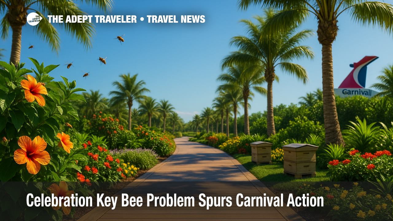 Bees hover near flowering shrubs as staff tend hive boxes along a shaded boardwalk at Carnival's Celebration Key, illustrating the bee mitigation effort.