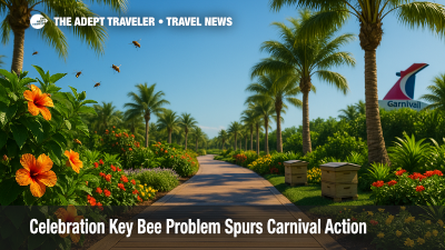 Bees hover near flowering shrubs as staff tend hive boxes along a shaded boardwalk at Carnival's Celebration Key, illustrating the bee mitigation effort.