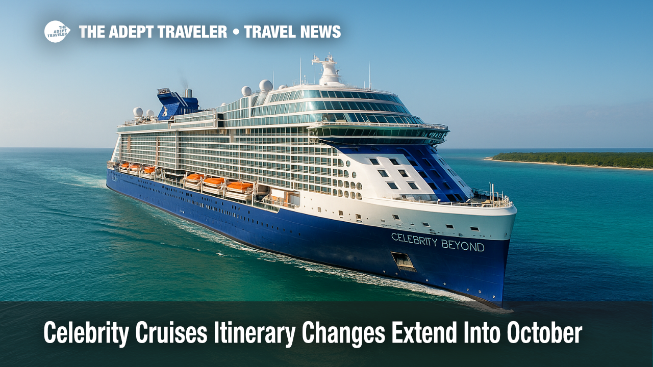 Celebrity Beyond sails slowly off a Caribbean beach after mechanical issues force Celebrity Cruises itinerary changes.