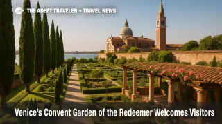 The restored Convent Garden of the Redeemer on Giudecca Island, a secret garden in Venice, framed by cypresses and lagoon views.