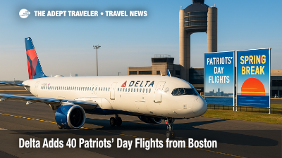 Delta A321neo taxiing at Boston Logan under clear skies, illustrating Delta's new Patriots' Day flights boosting spring break travel options.