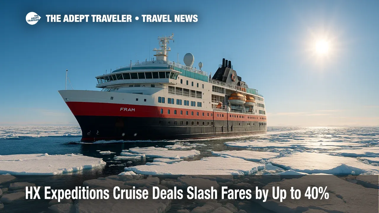 Hybrid-powered MS Fram cuts through Antarctic ice under clear skies, illustrating limited-time HX Expeditions cruise deals to remote frontiers.