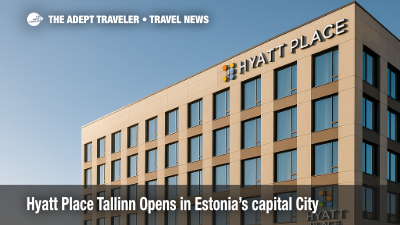 Exterior of Hyatt Place Tallinn, the first Hyatt hotel in Estonia, overlooking Tallinn's harbor district on a sunny morning.