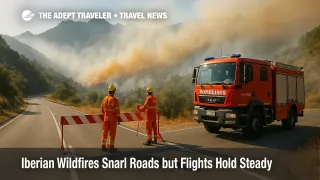 Firefighters control a smoky mountain road in northern Portugal as Iberian wildfires disrupt summer travel plans across Portugal and Spain.