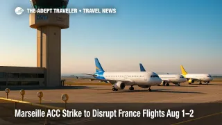 Grounded aircraft line Marseille Provence's runway under clear skies during the Marseille ACC strike, illustrating air-traffic-control disruption.