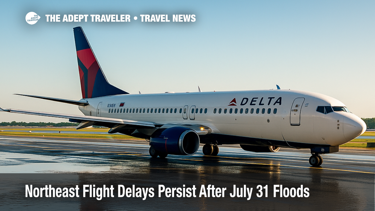 Airliner taxis on a waterlogged JFK taxiway after July 31 floods, illustrating persistent northeast flight delays.