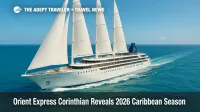 Orient Express Corinthian sailing yacht cuts through turquoise Caribbean waters under full sail during its newly announced 2026 Caribbean cruise season.