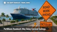 Carnival Celebration docked at PortMiami with roadwork signage in front, illustrating Biscayne Boulevard detours and PortMiami roadwork for Carnival embarkation.