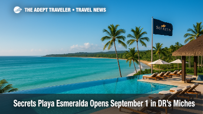 Wide-angle view of Secrets Playa Esmeralda infinity pool merging with the Caribbean Sea, showcasing a new Dominican Republic all inclusive Miches resort experience.