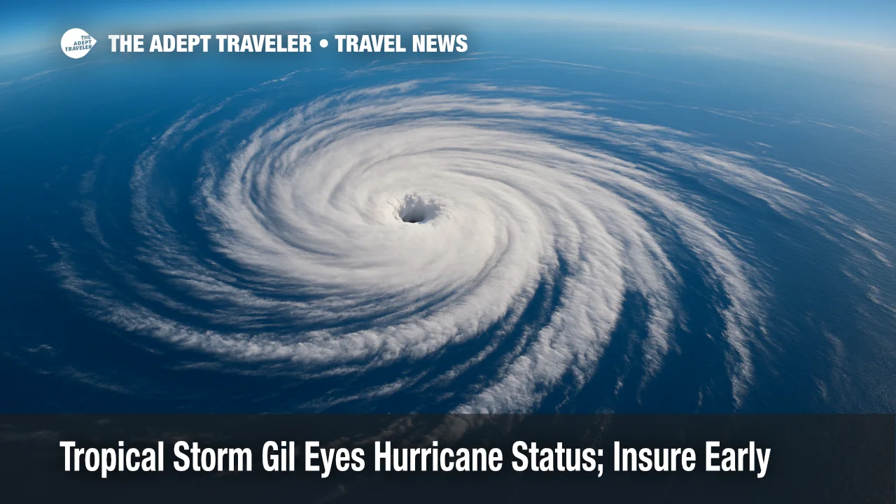 High-angle satellite view of Tropical Storm Gil spiraling over the eastern Pacific, illustrating forecast-cone relevance for travelers tracking a potential Pacific hurricane.