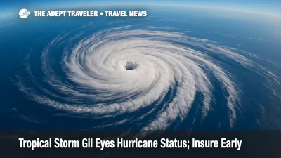 High-angle satellite view of Tropical Storm Gil spiraling over the eastern Pacific, illustrating forecast-cone relevance for travelers tracking a potential Pacific hurricane.