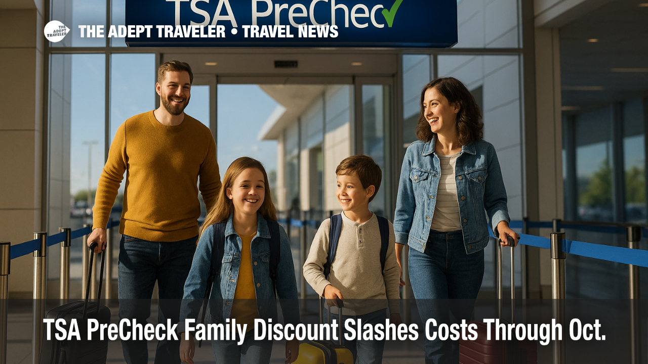 A cheerful family of four enters a dedicated TSA PreCheck lane, illustrating the new TSA PreCheck family discount travel perk.