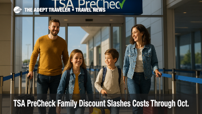 A cheerful family of four enters a dedicated TSA PreCheck lane, illustrating the new TSA PreCheck family discount travel perk.