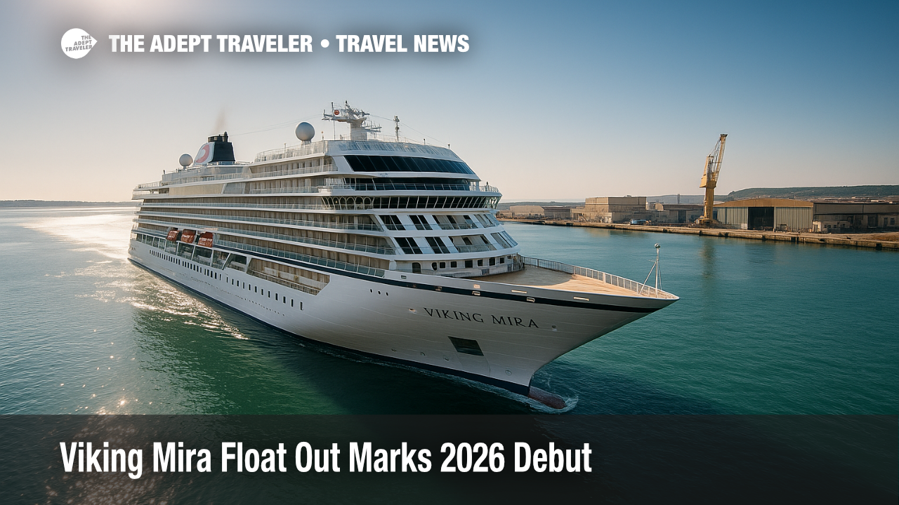 The newly floated-out Viking Mira glides into the Ancona basin amid bright sunlight, illustrating the small ocean ship's milestone debut.