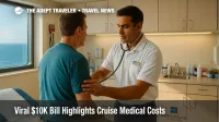 A Norwegian Cruise Line shipboard clinic where a doctor treats a traveler, illustrating cruise medical costs and travel insurance importance.