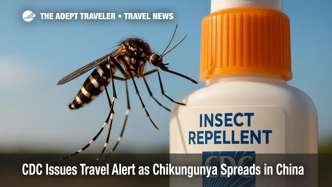 Aedes albopictus mosquito on a repellant bottle highlights traveler precautions against the chikungunya outbreak.