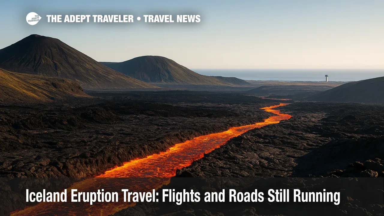 Aerial view of Reykjanes lava river near Keflavík, highlighting Iceland eruption travel without disrupting airport operations.