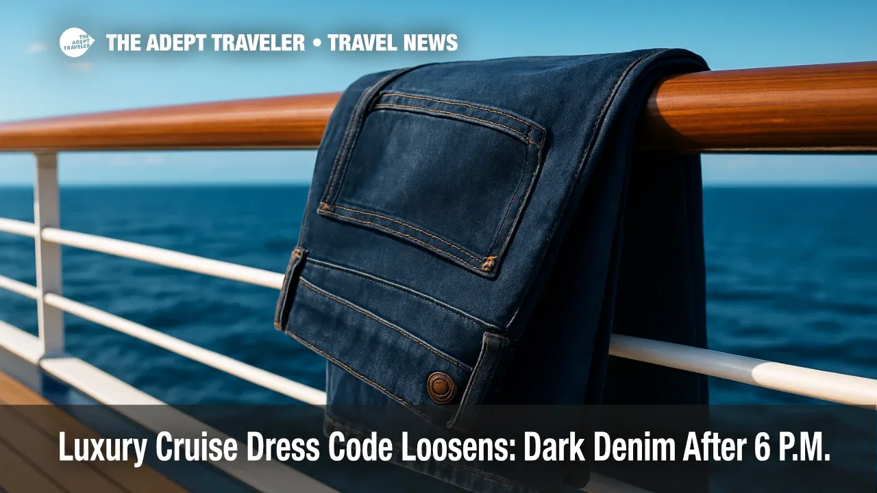 Dark-wash designer jeans on a cruise-ship deck rail illustrate luxury cruise dress code evolution toward refined denim.
