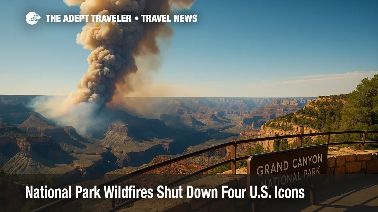 Smoke billows above Grand Canyon's North Rim during Dragon Bravo fire, illustrating national park wildfires' impact on peak-season travel.