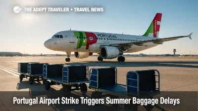 Idle baggage carts beside a TAP jet at Lisbon Airport illustrate the Portugal airport strike, highlighting ground-staff walkout and baggage delays.