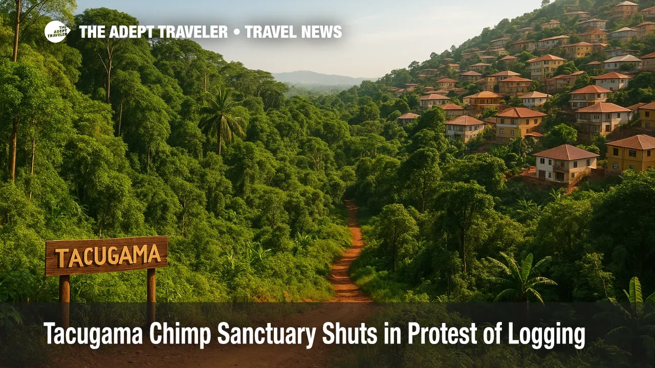 Aerial view shows Tacugama Chimpanzee Sanctuary forest giving way to new hillside homes, illustrating Sierra Leone deforestation and the chimpanzee refuge's closure protest.