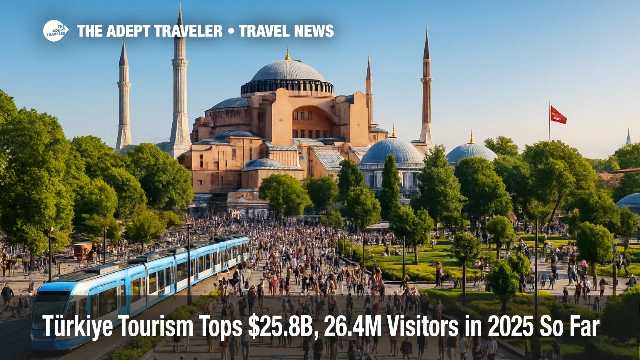 A vibrant mid-morning panorama of Sultanahmet Square shows streams of international travelers against Hagia Sophia, reflecting strong Türkiye tourism demand.