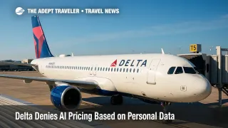 A Delta A321neo at Hartsfield-Jackson gate under a blue sky illustrates the airline's AI pricing stance, featuring the Delta AI pricing keyword.