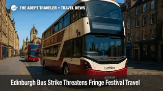 Double-decker buses halted on the Royal Mile during Fringe, illustrating Edinburgh bus strike traffic.