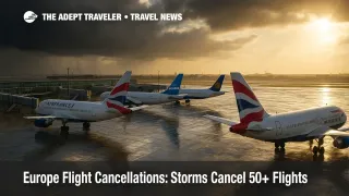 Ground view of storm-damp ramp at Heathrow showing multiple European carriers' jets parked after weather flight cancellations.