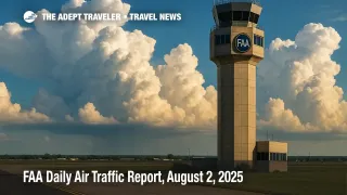 An FAA control tower stands against towering storm clouds, illustrating weather-driven delays highlighted in today's FAA daily air traffic report.