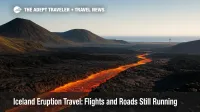 Aerial view of Reykjanes lava river near Keflavík, highlighting Iceland eruption travel without disrupting airport operations.