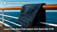 Dark-wash designer jeans on a cruise-ship deck rail illustrate luxury cruise dress code evolution toward refined denim.