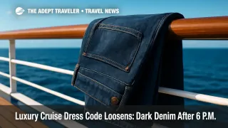 Dark-wash designer jeans on a cruise-ship deck rail illustrate luxury cruise dress code evolution toward refined denim.