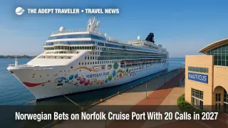 Norwegian Pearl berthed at the Norfolk cruise port under a clear sky, showcasing the line's 2027 Bermuda cruise expansion.