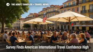 American visitors relax at a sunny Lisbon café, illustrating high international travel confidence in 2025.