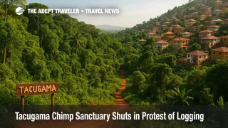 Aerial view shows Tacugama Chimpanzee Sanctuary forest giving way to new hillside homes, illustrating Sierra Leone deforestation and the chimpanzee refuge's closure protest.
