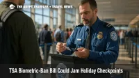 TSA officers manually check IDs at a busy airport checkpoint amid debate over the TSA biometric-ban bill and possible holiday delays.