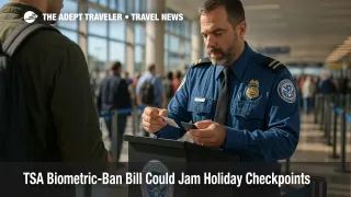 TSA officers manually check IDs at a busy airport checkpoint amid debate over the TSA biometric-ban bill and possible holiday delays.